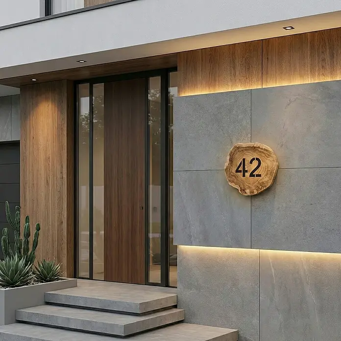 Baumscheibe - Teak, Unbehandelt, Durchmesser: 1 cm - 35 cm - Moderne Hausfassade mit Holztür, grauen Steinplatten und einer Holzzahl 42, beleuchtet mit LED-Streifen für einen eleganten Look.