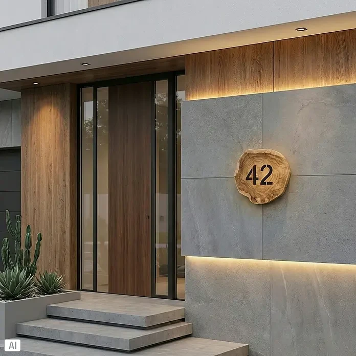 Baumscheibe - Teak, Unbehandelt, Durchmesser: 1 cm - 35 cm - Moderne Hausfassade mit Holztür, grauen Steinplatten und einer Holzzahl 42, beleuchtet mit LED-Streifen für einen eleganten Look.