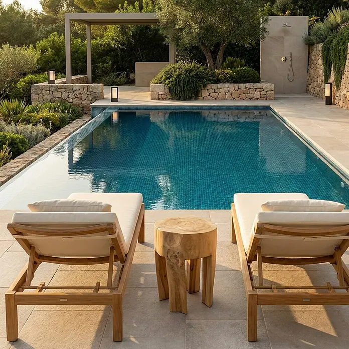 Hocker - Teak, Unbehandelt, Ø x H: 28 x 40 cm - Luxuriöser Poolbereich mit zwei eleganten Liegen und einem rustikalen Holzhocker. Perfekt für entspannte Stunden im Freien.