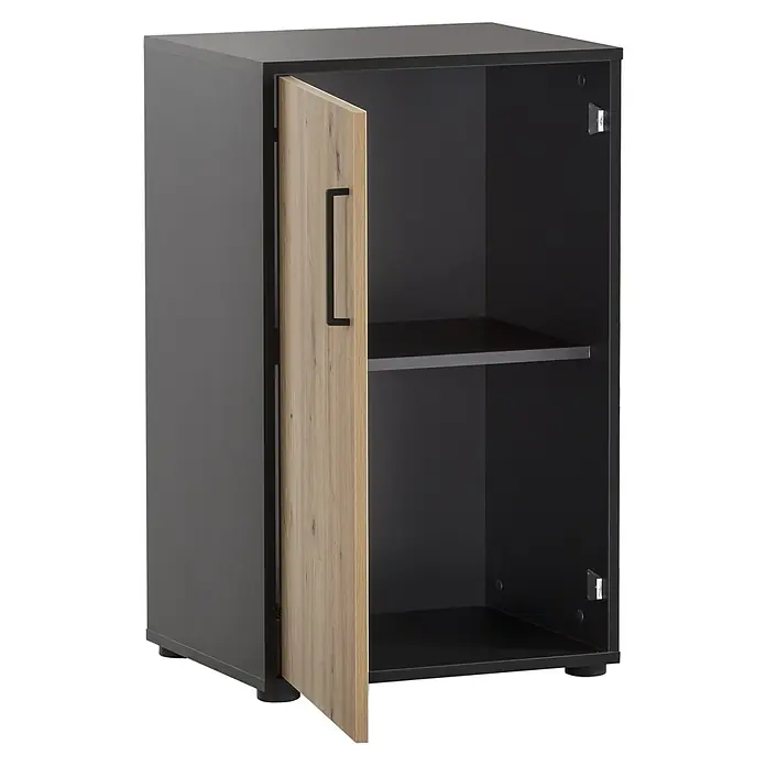 Schildmeyer Aino Unterschrank - L x B x H: 50,95 x 41 x 83,6 cm, Schwarz/Artisan Eiche - Grauer Nachttisch mit Eichenholzfront und offenem Fach. Perfekt für Stauraum neben dem Bett.