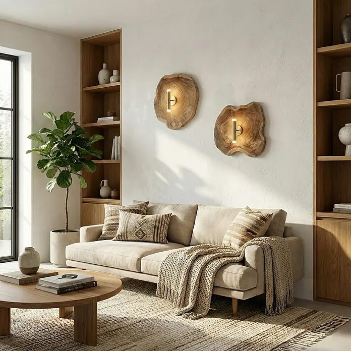 Baumscheibe - Teak, Unbehandelt, Durchmesser: 1 cm - 35 cm - Wohnzimmer mit Couch, Holzwandlampen, Bücherregalen und rundem Tisch. Das Licht der Lampen erzeugt eine gemütliche Atmosphäre.