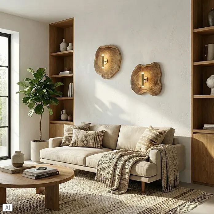 Baumscheibe - Teak, Unbehandelt, Durchmesser: 1 cm - 35 cm - Wohnzimmer mit Couch, Holzwandlampen, Bücherregalen und rundem Tisch. Das Licht der Lampen erzeugt eine gemütliche Atmosphäre.