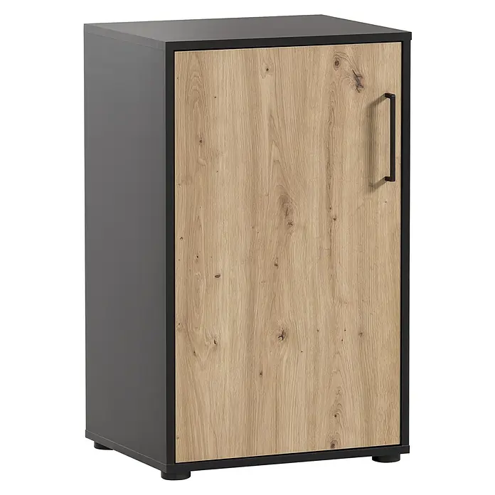Schildmeyer Aino Unterschrank - L x B x H: 50,95 x 41 x 83,6 cm, Schwarz/Artisan Eiche - Dieser elegante graue Schrank mit Tür in Holzoptik und einem schlanken schwarzen Griff bietet stilvollen Stauraum für jeden Raum.