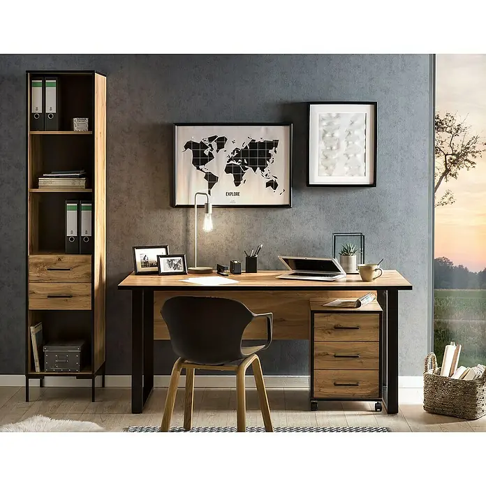Schildmeyer Serie 2000 Schreibtisch - L x B x H: 75 x 160 x 73,2 cm, Eiche Landhaus/Schwarz - Arbeitszimmer mit Holzschreibtisch, Bürostuhl, Regal und dekorativen Elementen. Moderne und komfortable Büroeinrichtung für ein produktives Arbeitsumfeld.