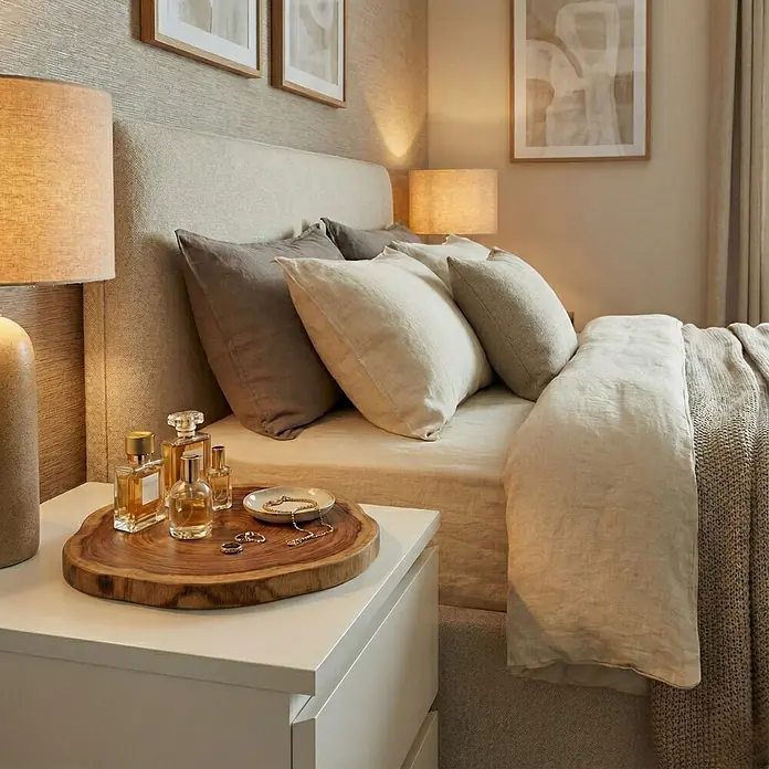 Baumscheibe - Teak, Unbehandelt, Durchmesser: 1 cm - 35 cm - Elegantes Schlafzimmer mit einem stilvollen Nachttisch, auf dem Parfümflaschen und Schmuck auf einem Holztablett präsentiert werden.