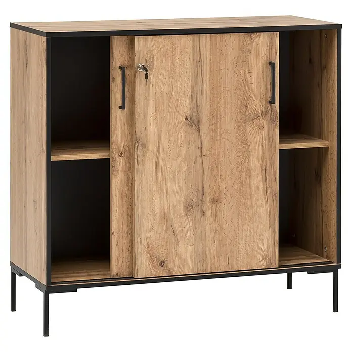 Schildmeyer Serie 2000 Schiebetürschrank - L x B x H: 41 x 100,1 x 96,6 cm, Eiche Landhaus/Schwarz - Ein modernes Sideboard mit Schiebetür in Holzoptik und schwarzem Metallgestell. Perfekt für stilvolle Aufbewahrungslösungen im Wohnbereich.