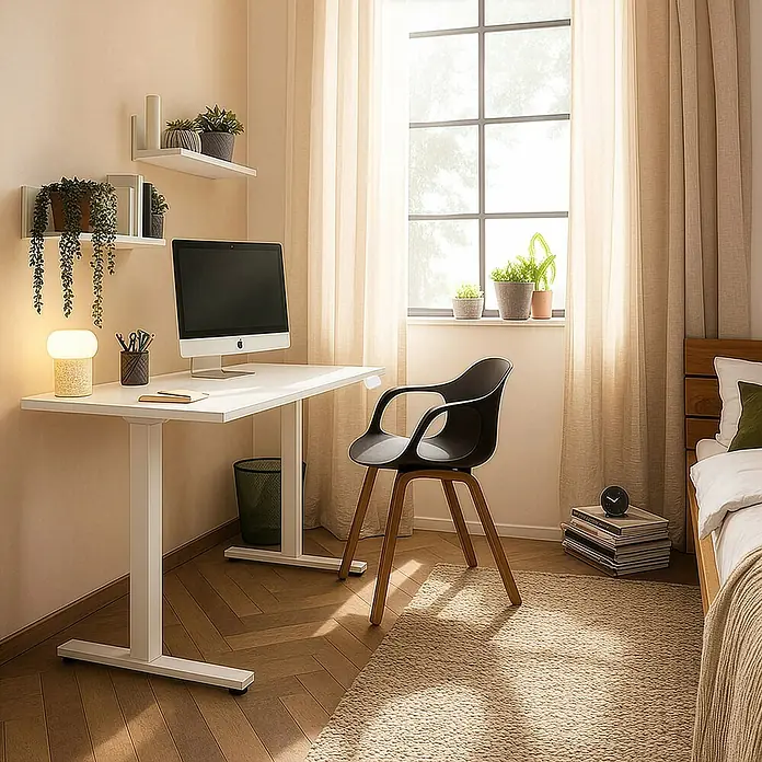 Schildmeyer Schreibtisch elektrisch - Höhenverstellung: 70 cm - 115 cm, L x B: 60 x 138 cm, Weiß - Stilvoller Arbeitsbereich mit einem weißen Schreibtisch und einem modernen schwarzen Stuhl. Dekorative Elemente und Pflanzen sorgen für eine angenehme Atmosphäre.