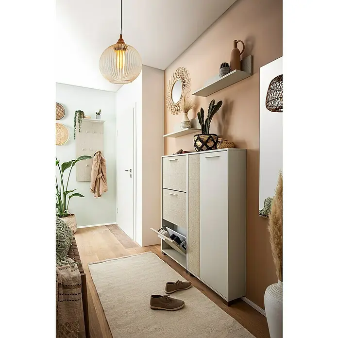 Schildmeyer Edno Schuhschrank - L x B x H: 19,6 x 59,8 x 124 cm, Beige, Anzahl Fächer: 3 Stk. - Attraktiver Flur mit modernem Schuhschrank und passendem Teppich, der das Ambiente stilvoll ergänzt. Die Beleuchtung setzt Akzente.