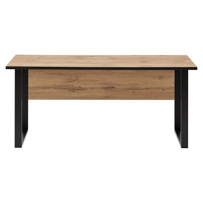 Schildmeyer Serie 2000 Schreibtisch - L x B x H: 75 x 160 x 73,2 cm, Eiche Landhaus/Schwarz - Hier ist eine Ansicht eines Tisches mit einer Holzplatte und einem schwarzen Metallgestell, der ein modernes und stilvolles Design zeigt.