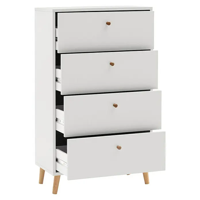 Schildmeyer Bjarne Kommode - L x B x H: 33 x 60 x 101,3 cm, Weiß, Anzahl Schubladen: 4 Stk. - Weißes Schubladenelement mit vier Schubladen, teilweise geöffnet, mit hellbraunen, runden Griffen und Holzbeinen.