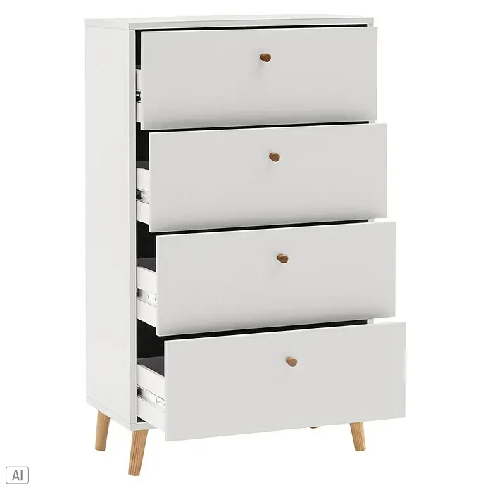 Schildmeyer Bjarne Kommode - L x B x H: 33 x 60 x 101,3 cm, Weiß, Anzahl Schubladen: 4 Stk. - Weißes Schubladenelement mit vier Schubladen, teilweise geöffnet, mit hellbraunen, runden Griffen und Holzbeinen.