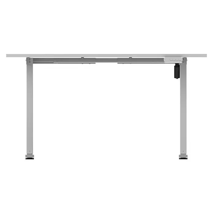 Schildmeyer Schreibtisch elektrisch - Höhenverstellung: 70 cm - 115 cm, L x B: 60 x 138 cm, Weiß - Das Bild zeigt den silbernen Rahmen eines höhenverstellbaren Schreibtisches. Der Rahmen ist stabil und modern gestaltet mit Bedienelementen.