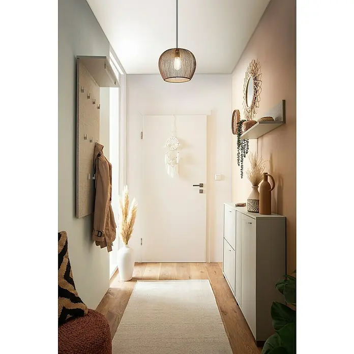 Schildmeyer Edno Wandregal-Set - L x B x H: 17,3 x 60 x 15,7 cm, Beige, 2 Stk. - Helle Diele mit Holzboden, weißem Teppich und einer modernen Pendelleuchte aus Draht, die für warmes Licht sorgt. Garderobe und Deko an der Wand.