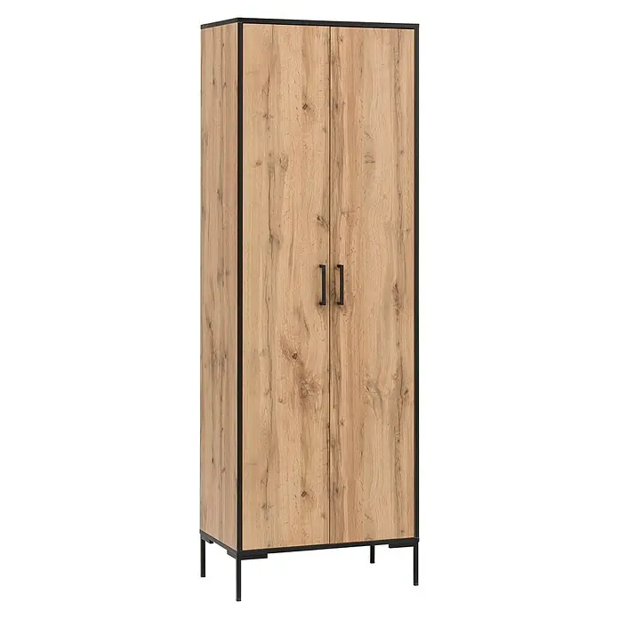 Schildmeyer Serie 2000 Aktenschrank - L x B x H: 39 x 65,2 x 194,2 cm, Eiche Landhaus - Ein stilvoller Kleiderschrank mit Holztüren und schwarzem Metallrahmen. Ideal für moderne Wohnräume, bietet er viel Stauraum und elegantes Design.