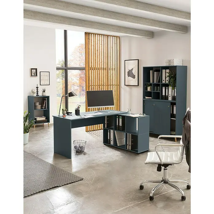 Schildmeyer Rena Einsatz - L x B x H: 32,8 x 47,5 x 38,4 cm, Fjord, Passend für: Regale mit Fachmaßen 23 x 31,2 x 18,4 cm - Büro mit blauem Schreibtisch, Regal und Büroschrank. Das Set bietet viel Stauraum und Arbeitsfläche in einem modernen Design.