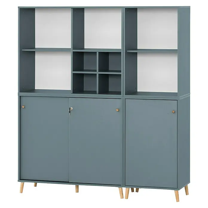 Schildmeyer Serie 500 Holz-Mehrzweckschrank - L x B x H: 196,8 x 349,6 x 408,8 cm, Fjord - Modernes, graues Bücherregal mit Schränken und offenen Fächern, ideal für Wohnzimmer oder Büro zur stilvollen Aufbewahrung von Büchern und Deko.