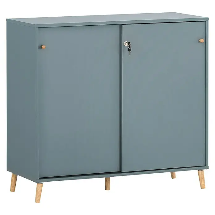 Schildmeyer Schiebetürschrank - L x B x H: 32,8 x 100 x 92,6 cm, Fjord - Blauer Schrank mit Schiebetüren und Schlüsseln. Stilvolles Möbelstück zur Aufbewahrung mit hölzernen Füßen und Griffen für ein modernes Zuhause.