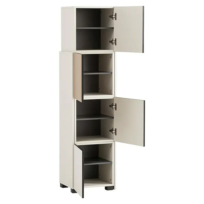 Schildmeyer Alexa Holzregal ausziehbar - L x H: 35 x 163 cm, Breitenverstellung: 42 cm - 70 cm, Cremebeige - Abbildung eines modernen weißen Hochschranks mit offenen Türen, der das Innenleben mit grauen Regalen zeigt.