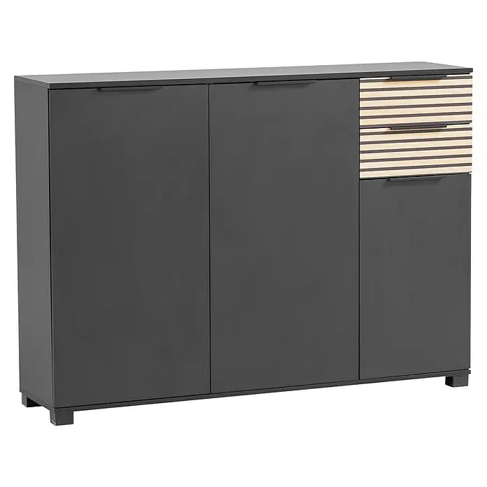 Schildmeyer Alexa Schuhschrank - L x B x H: 35 x 142 x 105,5 cm, Schwarz, Passend für: ca. 20 Paar Schuhe - Dunkelgrauer Schuhschrank mit drei Türen und zwei Holzschubladen für einen stilvollen Eingangsbereich.