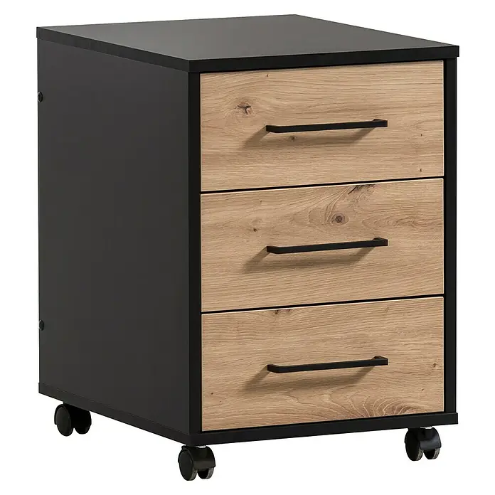 Schildmeyer Aino Rollcontainer - L x B x H: 40,1 x 50 x 57 cm, Schwarz/Artisan Eiche, Anzahl Schubladen: 3 Stk. - Eine moderne, schwarze Rollcontainer-Kommode mit drei Holzschubladen und schlichten, schwarzen Griffen für das Büro.