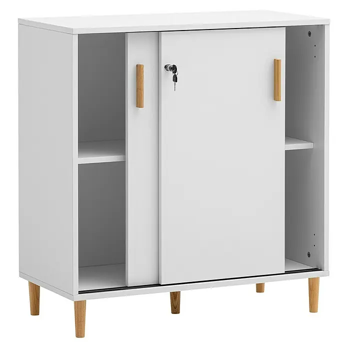 Schildmeyer Schiebetürschrank - L x B x H: 38,2 x 80,1 x 84,8 cm, Weiß - Ein weißer Schrank mit Schiebetüren und hölzernen Griffen, der sowohl Stauraum bietet als auch ein modernes Möbelstück darstellt.