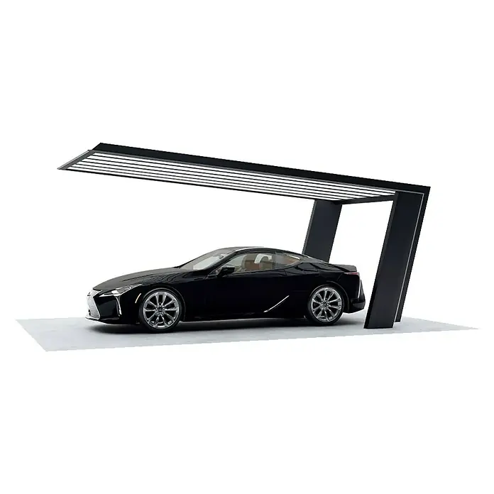 Ximax Carport Miro 7 Typ 60 - Außenmaß inkl. Dachüberstand (B x T): 2,69 x 5,12 m, Einzelcarport, Schwarz/Silber - Elegantes schwarzes Lexus Coupé unter einer modernen Überdachung, das Design und Luxus vereint.