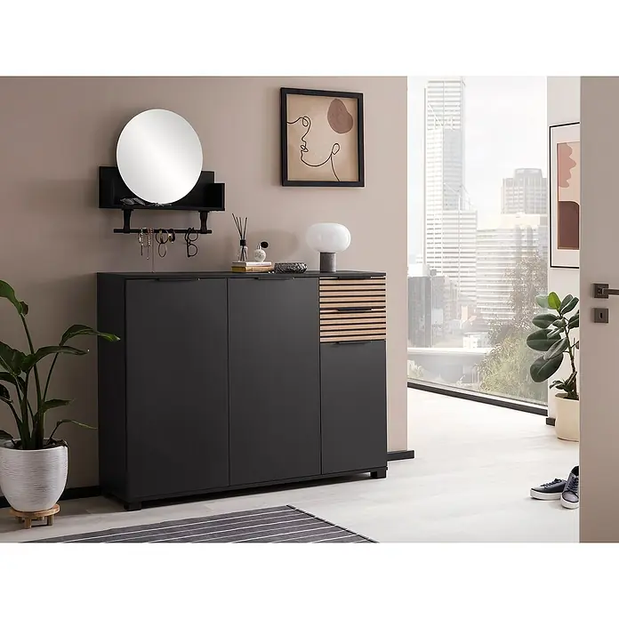 Schildmeyer Alexa Schuhschrank - L x B x H: 35 x 142 x 105,5 cm, Schwarz, Passend für: ca. 20 Paar Schuhe - Modernes Sideboard mit Spiegel und Deko-Elementen im stilvollen Eingangsbereich. Graues Sideboard mit Holzdetails und runder Spiegel an der Wand.