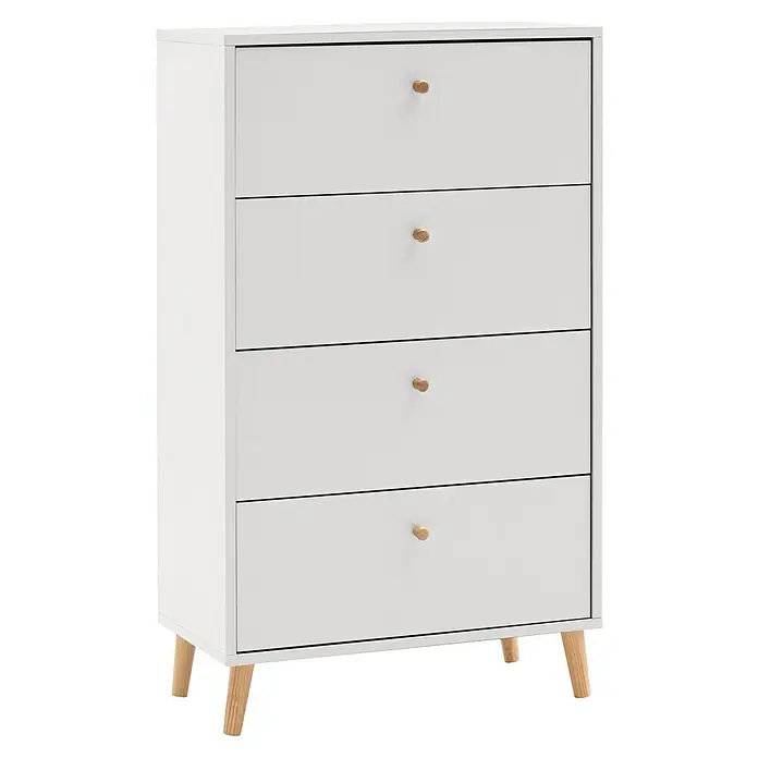 Schildmeyer Bjarne Kommode - L x B x H: 33 x 60 x 101,3 cm, Weiß, Anzahl Schubladen: 4 Stk. - Dieser Artikel zeigt eine Kommode mit vier Schubladen in Weiß mit hellen Holzgriffen und Füßen, die ein modernes und schlichtes Design aufweist.