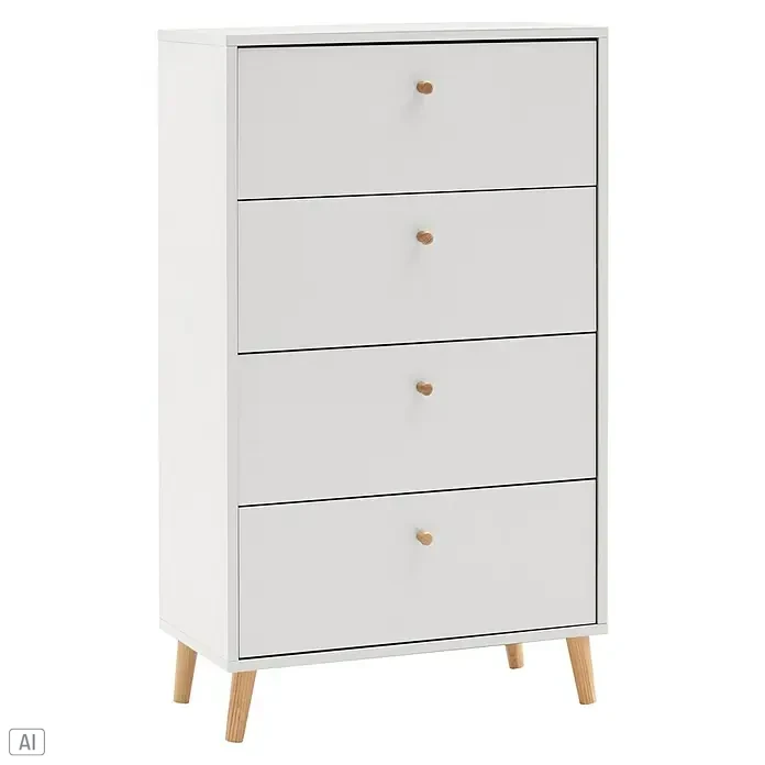 Schildmeyer Bjarne Kommode - L x B x H: 33 x 60 x 101,3 cm, Weiß, Anzahl Schubladen: 4 Stk. - Dieser Artikel zeigt eine Kommode mit vier Schubladen in Weiß mit hellen Holzgriffen und Füßen, die ein modernes und schlichtes Design aufweist.