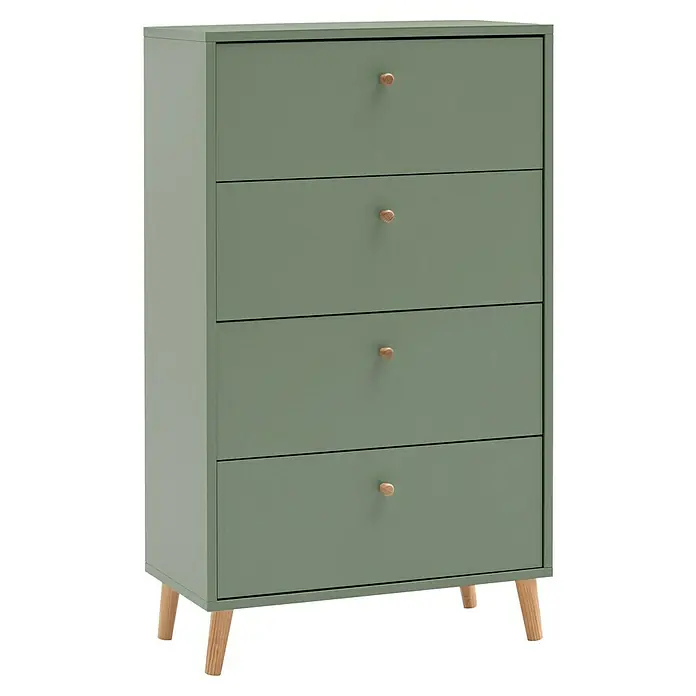 Schildmeyer Bjarne Kommode - L x B x H: 33 x 60 x 101,3 cm, Pistazie, Anzahl Schubladen: 4 Stk. - Grünes Sideboard mit vier Schubladen und hellen Holzgriffen, eine stilvolle und praktische Aufbewahrungslösung.