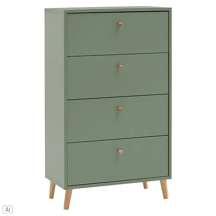 Schildmeyer Bjarne Kommode - L x B x H: 33 x 60 x 101,3 cm, Pistazie, Anzahl Schubladen: 4 Stk. - Grünes Sideboard mit vier Schubladen und hellen Holzgriffen, eine stilvolle und praktische Aufbewahrungslösung.