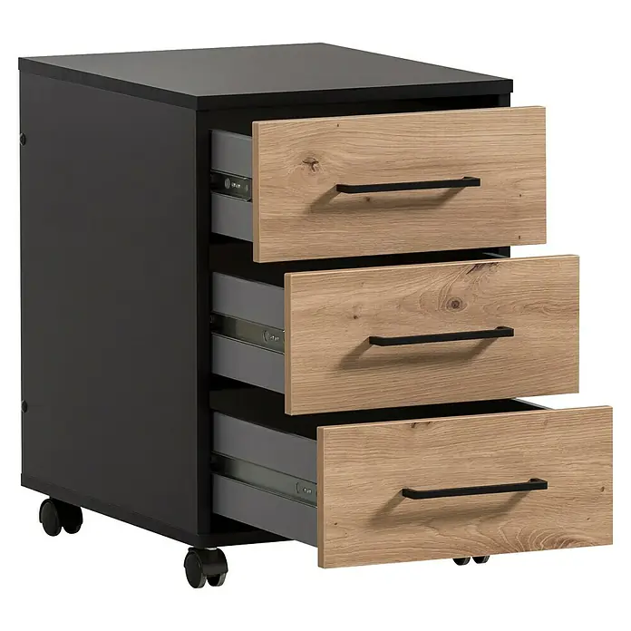 Schildmeyer Aino Rollcontainer - L x B x H: 40,1 x 50 x 57 cm, Schwarz/Artisan Eiche, Anzahl Schubladen: 3 Stk. - Bürocontainer mit drei Schubladen, Korpus in Anthrazit und Schubladenfronten in Holzoptik. Praktisch und stilvoll für das Büro.