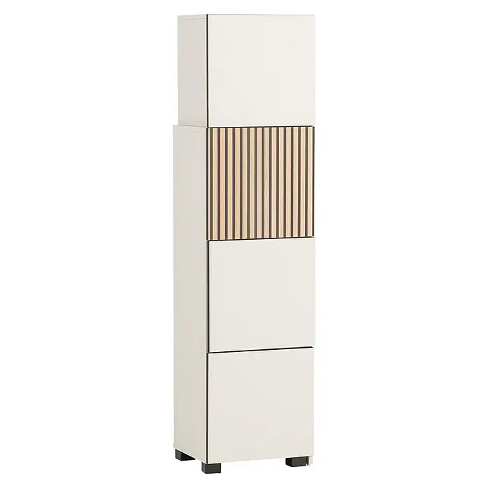 Schildmeyer Alexa Holzregal ausziehbar - L x H: 35 x 163 cm, Breitenverstellung: 42 cm - 70 cm, Cremebeige - Ein hochformatiger, weißer Schuhschrank mit einer dekorativen Holzlamellenfront im mittleren Fach, ideal für eine stilvolle Aufbewahrung.