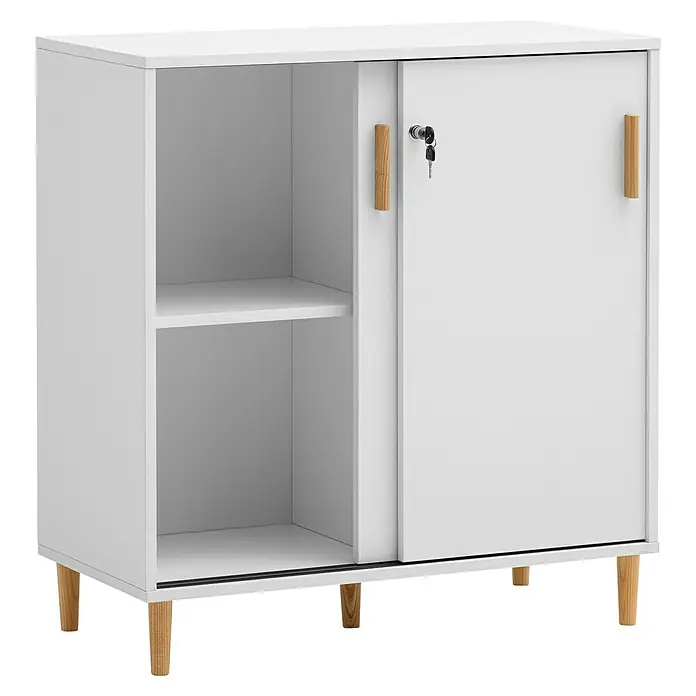 Schildmeyer Schiebetürschrank - L x B x H: 38,2 x 80,1 x 84,8 cm, Weiß - Ein weißer Aktenschrank mit Schiebetür und Holzgriffen, ideal für Büro oder Zuhause. Das Möbelstück bietet Stauraum und ist abschließbar.