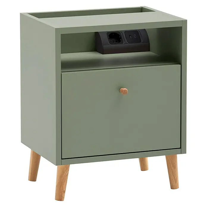 Schildmeyer Bjarne Nachttisch - L x B x H: 32,7 x 40,2 x 50 cm, Pistazie, Anzahl Schubladen: 1 Stk. - Dieser moderne Nachttisch in Olivgrün verfügt über eine Schublade, ein offenes Fach und praktische Stromanschlüsse.