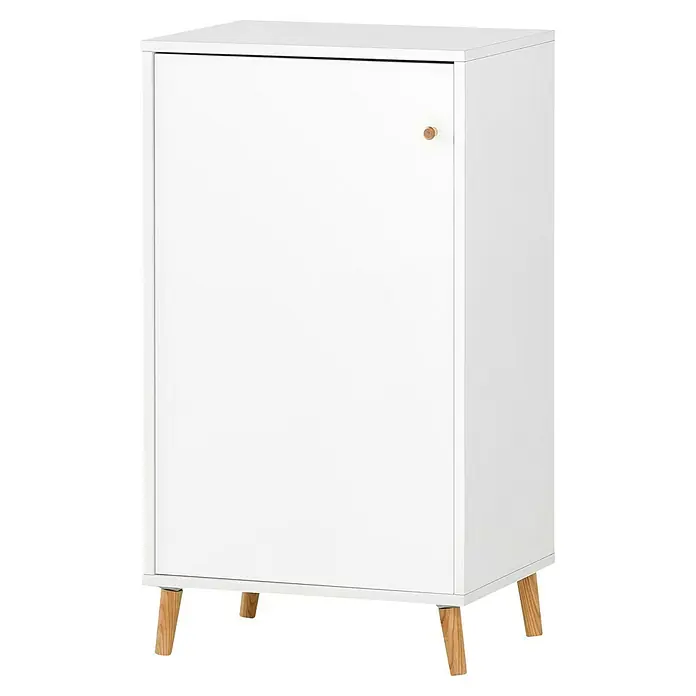 Schildmeyer Serie 500 Holz-Mehrzweckschrank - L x B x H: 196,8 x 349,6 x 408,8 cm, Weiß - Weißer Schrank mit einer Tür und hellbraunen Holzfüßen. Der moderne Schrank bietet Stauraum und passt gut in verschiedene Einrichtungsstile.
