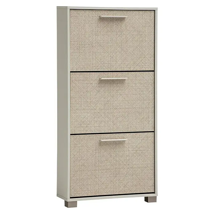 Schildmeyer Edno Schuhschrank - L x B x H: 19,6 x 59,8 x 124 cm, Beige, Anzahl Fächer: 3 Stk. - Ein dreistöckiger Schuhschrank mit weißen Griffen und einem beigen, gewebten Design auf den Schubladenfronten.