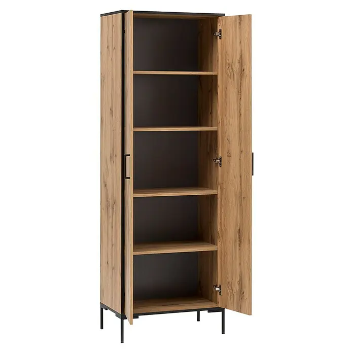 Schildmeyer Serie 2000 Aktenschrank - L x B x H: 39 x 65,2 x 194,2 cm, Eiche Landhaus - Abbildung eines offenen Holzschranks mit mehreren Regalen, der viel Stauraum bietet.