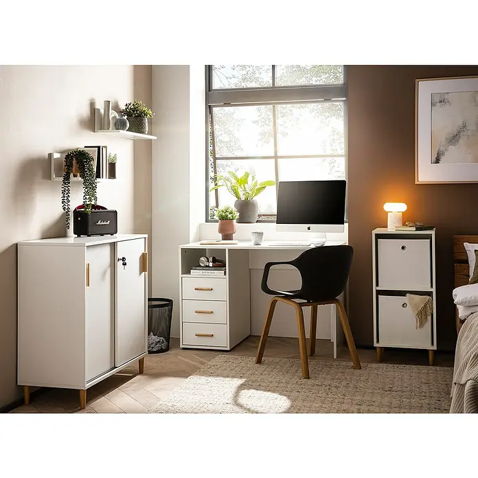 Schildmeyer Wandregal-Set - L x B x H: 17,3 x 60 x 15,7 cm, Weiß - Ein helles, modernes Arbeitszimmer mit weißem Schreibtisch, Stuhl und Stauraum. Eine gemütliche und stilvolle Einrichtung.