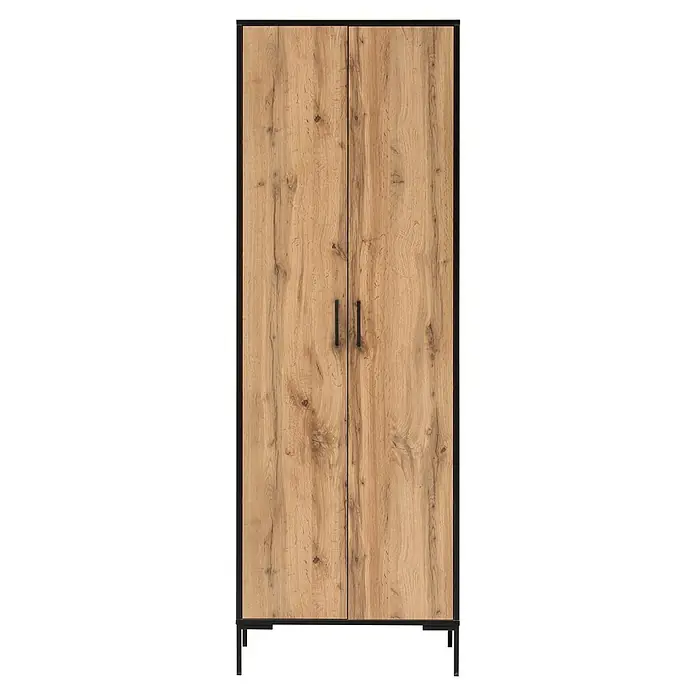 Schildmeyer Serie 2000 Aktenschrank - L x B x H: 39 x 65,2 x 194,2 cm, Eiche Landhaus - Nahaufnahme eines modernen Kleiderschranks mit Holzstruktur und dunklen Metallgriffen, der stilvolle Aufbewahrungslösungen bietet.
