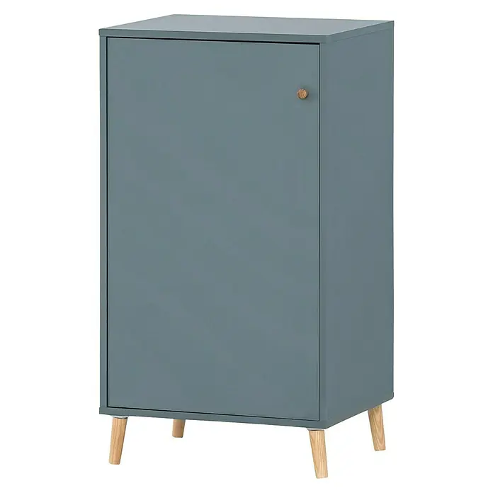 Schildmeyer Serie 500 Holz-Mehrzweckschrank - L x B x H: 196,8 x 349,6 x 408,8 cm, Fjord - Aufnahme eines blaugrauen Sideboards mit einer einzelnen Tür und vier Holzbeinen auf einem schwarzen Hintergrund.