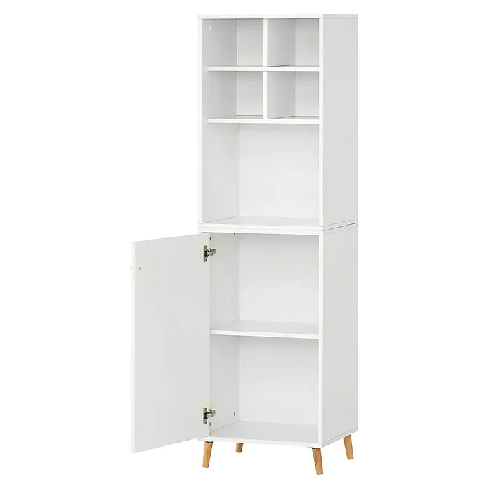 Schildmeyer Serie 500 Holz-Mehrzweckschrank - L x B x H: 114,8 x 247,7 x 223,6 cm, Weiß - Ein modernes, weißes Regal mit offenen Fächern und einer Schranktür, ideal für stilvolle Aufbewahrungslösungen in jedem Raum.