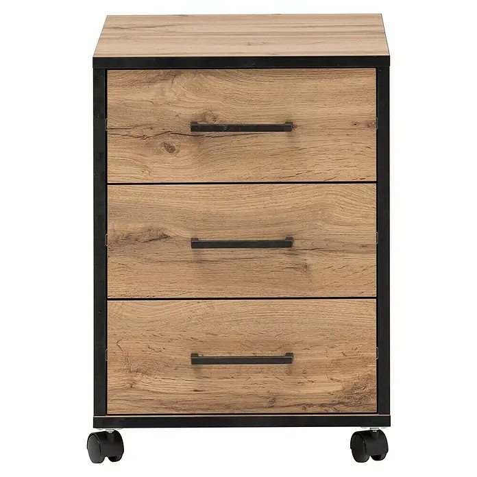 Schildmeyer Serie 2000 Rollcontainer - L x B x H: 39 x 40,2 x 57 cm, Eiche Landhaus, Anzahl Schubladen: 3 Stk. - Diese Aufnahme zeigt eine rollbare Kommode mit drei Schubladen und schwarzem Metallrahmen. Die Kommode hat ein rustikales Holzdekor.