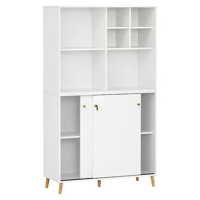 Schildmeyer Serie 500 Holz-Mehrzweckschrank - L x B x H: 114,8 x 247,7 x 223,6 cm, Weiß - Weißes Bücherregal mit Ablagefächern oben und einer verschließbaren Schranktür unten, ideal für stilvolle Aufbewahrung.
