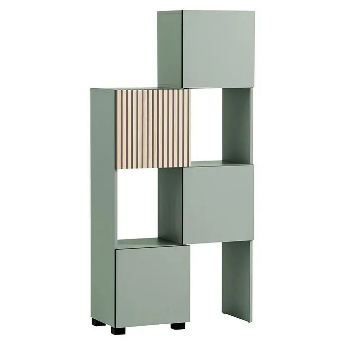 Schildmeyer Alexa Holzregal ausziehbar - L x H: 35 x 163 cm, Breitenverstellung: 42 cm - 70 cm, Pistazie - Modernes, grünes Regal mit Holzlamellen-Akzenten für stilvolle Aufbewahrung und ein dekoratives Highlight in jedem Raum.
