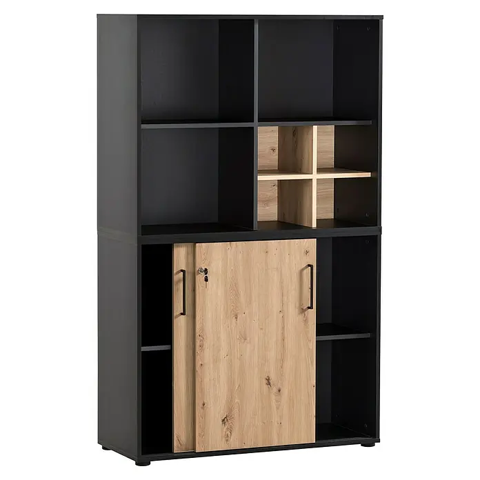 Schildmeyer Aino Holzregal - L x B x H: 100,1 x 41 x 83,6 cm, Anzahl Fächer: 4 Stk., Schwarz - Ein eleganter Büroschrank mit offenem Regalteil und abschließbarer Tür für eine stilvolle und funktionale Büroeinrichtung.