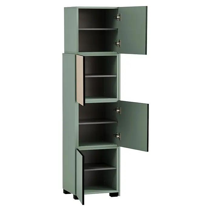 Schildmeyer Alexa Holzregal ausziehbar - L x H: 35 x 163 cm, Breitenverstellung: 42 cm - 70 cm, Pistazie - Ein hoher grüner Aktenschrank mit Regalen und mehreren Fächern, von denen einige offen sind.