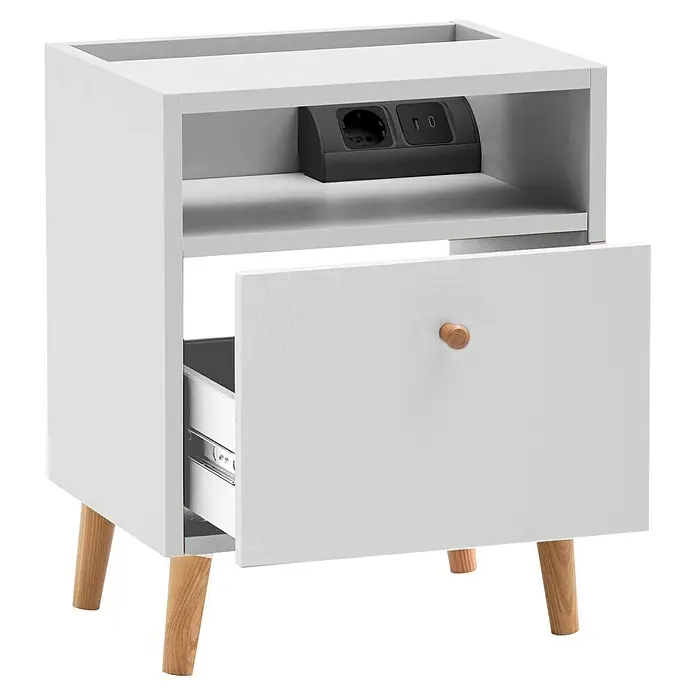 Schildmeyer Bjarne Nachttisch - L x B x H: 32,7 x 40,2 x 50 cm, Weiß, Anzahl Schubladen: 1 Stk. - Nachttisch mit Schublade und Steckdosenleiste. Der weiße Nachttisch hat eine Schublade und Holzfüße. Praktisch für das Schlafzimmer.
