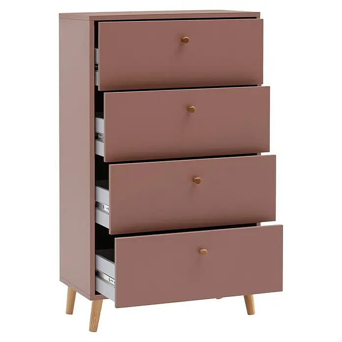 Schildmeyer Bjarne Kommode - L x B x H: 33 x 60 x 101,3 cm, Mauve, Anzahl Schubladen: 4 Stk. - Eine rosafarbene Kommode mit vier Schubladen und hellen Holzgriffen, einige Schubladen sind leicht geöffnet dargestellt.