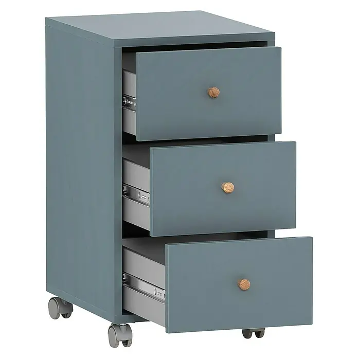 Schildmeyer Rena Rollcontainer - L x B x H: 39,1 x 32,6 x 59,7 cm, Fjord, Anzahl Schubladen: 3 Stk. - Ein blauer Rollcontainer mit drei Schubladen und runden Holzgriffen, ideal für Büro oder Arbeitszimmer.